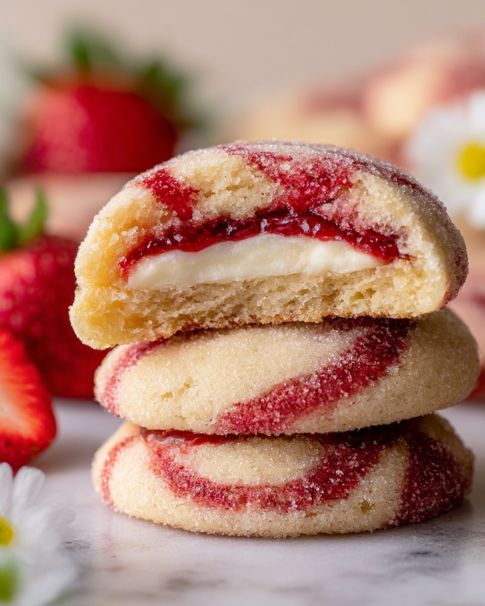 A close-up view of a stack of three cookies sitting on a white marbled surface, with the top cookie split in half to show its inside. Each cookie has a light golden-brown dough base with red swirls throughout, covered in a sugary coating. Inside, there are two visible soft layers: a creamy white filling in the center and a thin layer of red fruit jam just above it. Fresh strawberries and a small white flower are blurred in the background, adding color and a fresh feel to the image. photo taken with an iphone --ar 4:5 --v 7
