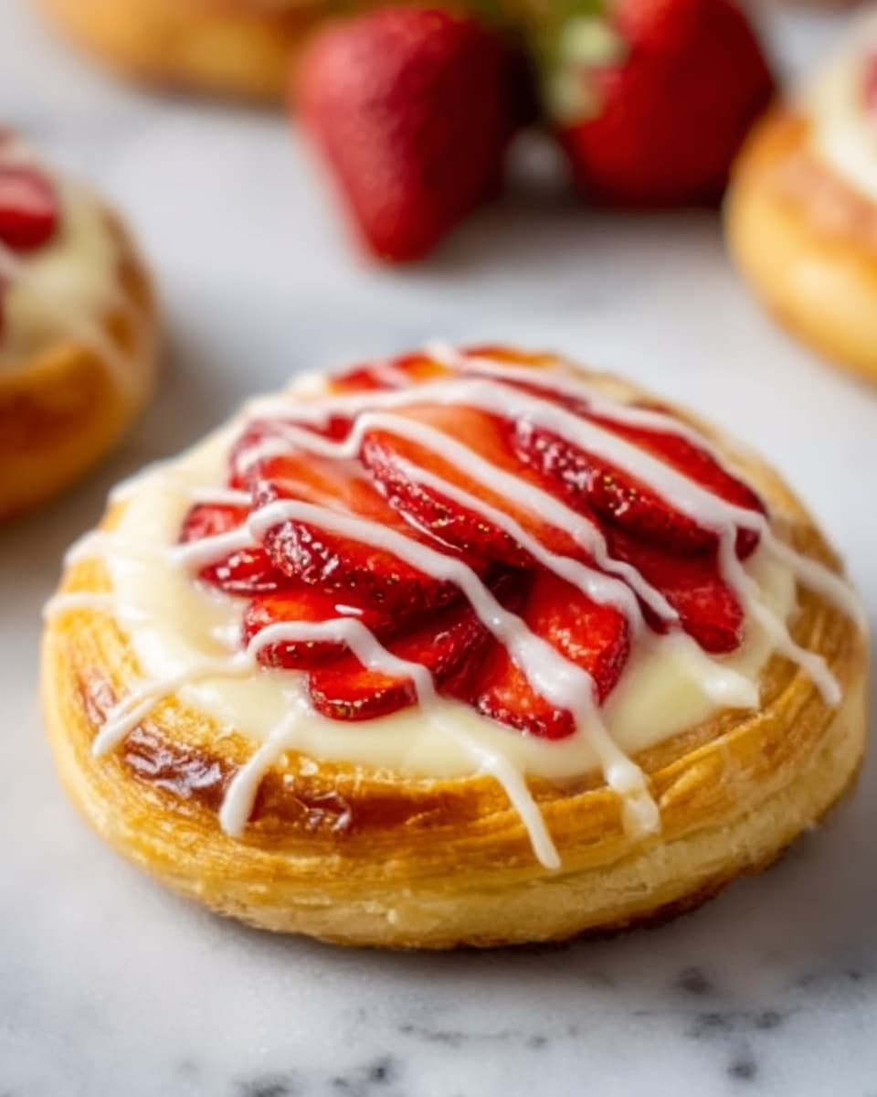 A close-up of a round Danish pastry with three clear layers: the base is a golden-brown flaky crust, the middle layer is creamy white custard spread evenly, and the top layer shows sliced red strawberries with a shiny glaze. White frosting is drizzled over the strawberries in thin lines. The pastry sits on a white plate, placed on a white marbled surface, with a few whole strawberries blurred in the background. photo taken with an iphone --ar 4:5 --v 7