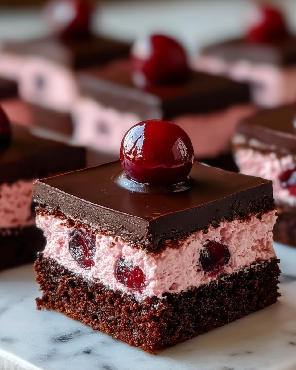 A close-up image of a rich dessert square with three distinct layers. The bottom layer is dense, dark chocolate cake with a moist, crumbly texture. The middle layer consists of fluffy pink cherry cream filling, dotted with visible dark red cherries. On top, there is a smooth, glossy dark chocolate ganache, finished with a single shiny dark red cherry placed in the center. More dessert squares with the same layers are softly blurred in the background, all placed on a white marbled surface. photo taken with an iphone --ar 4:5 --v 7