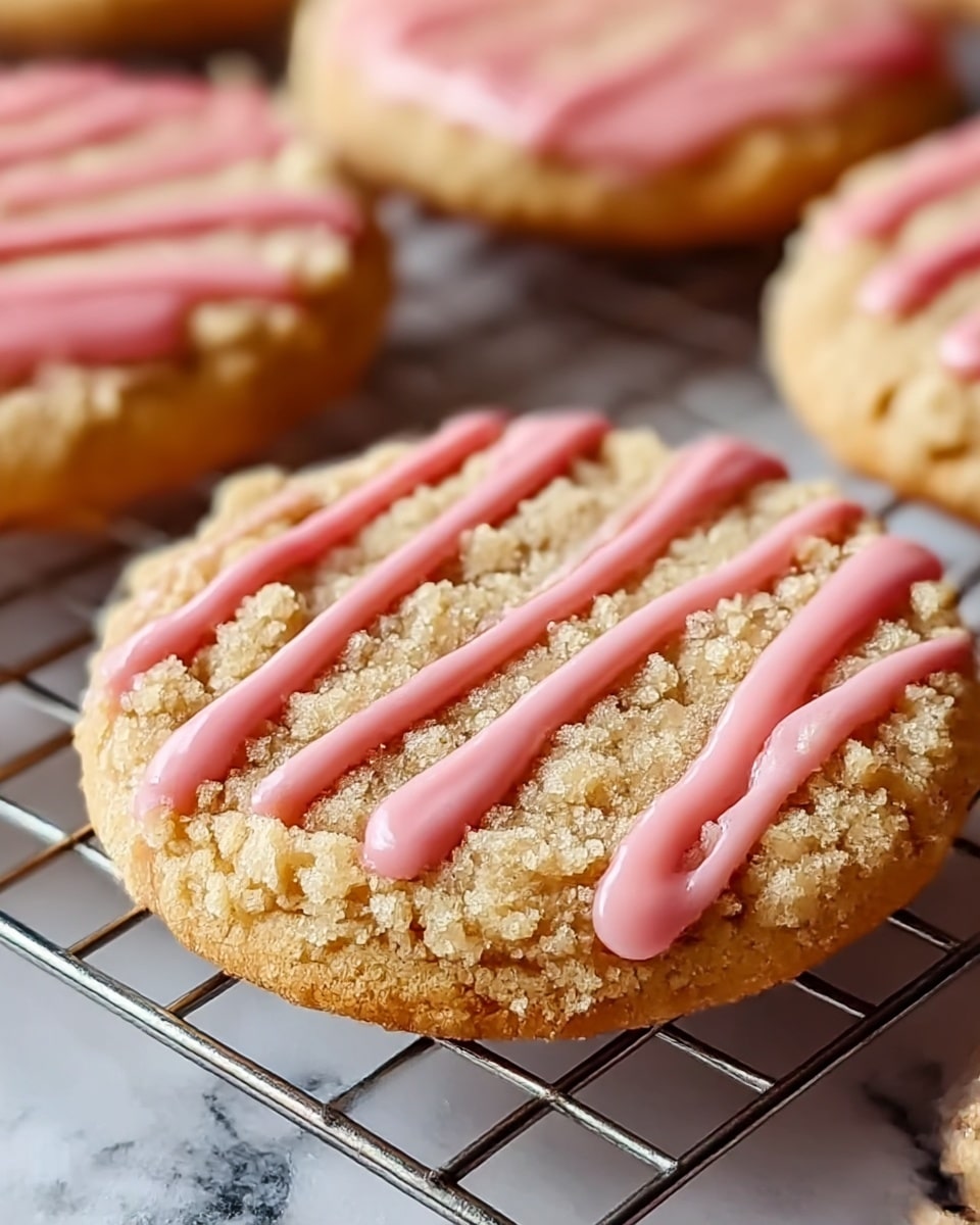 The image shows round cookies with a crumbly, light beige topping that covers the whole surface. On top of the crumbs, there are thick zigzag lines of pink icing evenly spread across each cookie. The cookies rest on a metal cooling rack, with a white marbled surface underneath visible in the background. The texture of the crumbs looks dry and sandy, while the pink icing appears smooth and shiny. Multiple cookies fill the frame, slightly out of focus in the background, emphasizing the front cookie. photo taken with an iphone --ar 4:5 --v 7