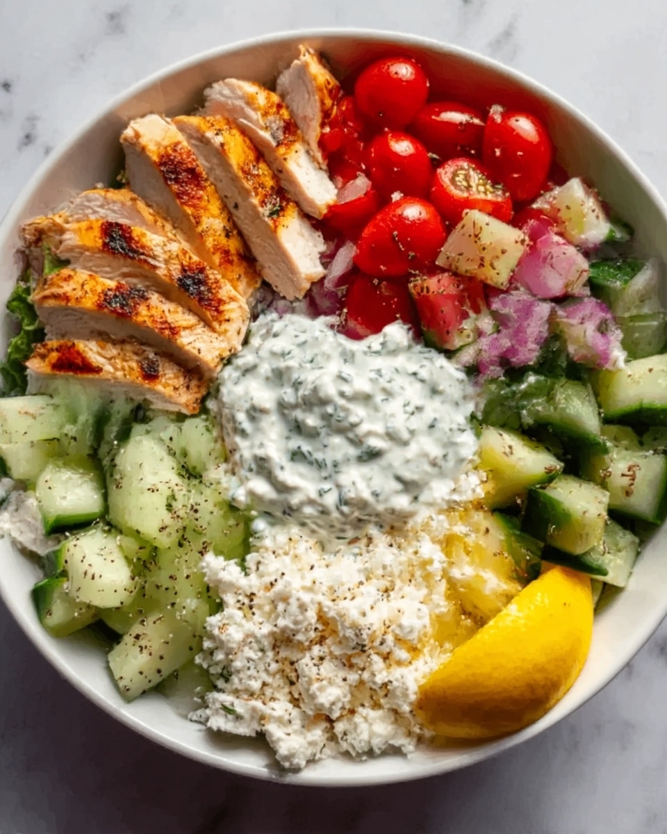 A white bowl with four colorful sections of food neatly placed in it, sitting on a white marbled surface. One section has grilled chicken slices with golden-brown grill marks arranged in a line on the bottom left. Next to it, at the bottom right, there is a small pile of white crumbled cheese and a yellow lemon wedge. On the top right, there are bright red cherry tomato halves mixed with some green herbs. The top left section has light green cucumber cubes sprinkled with black pepper. In the center of the bowl, there is a dollop of white creamy sauce with small chunks. Photo taken with an iphone --ar 4:5 --v 7