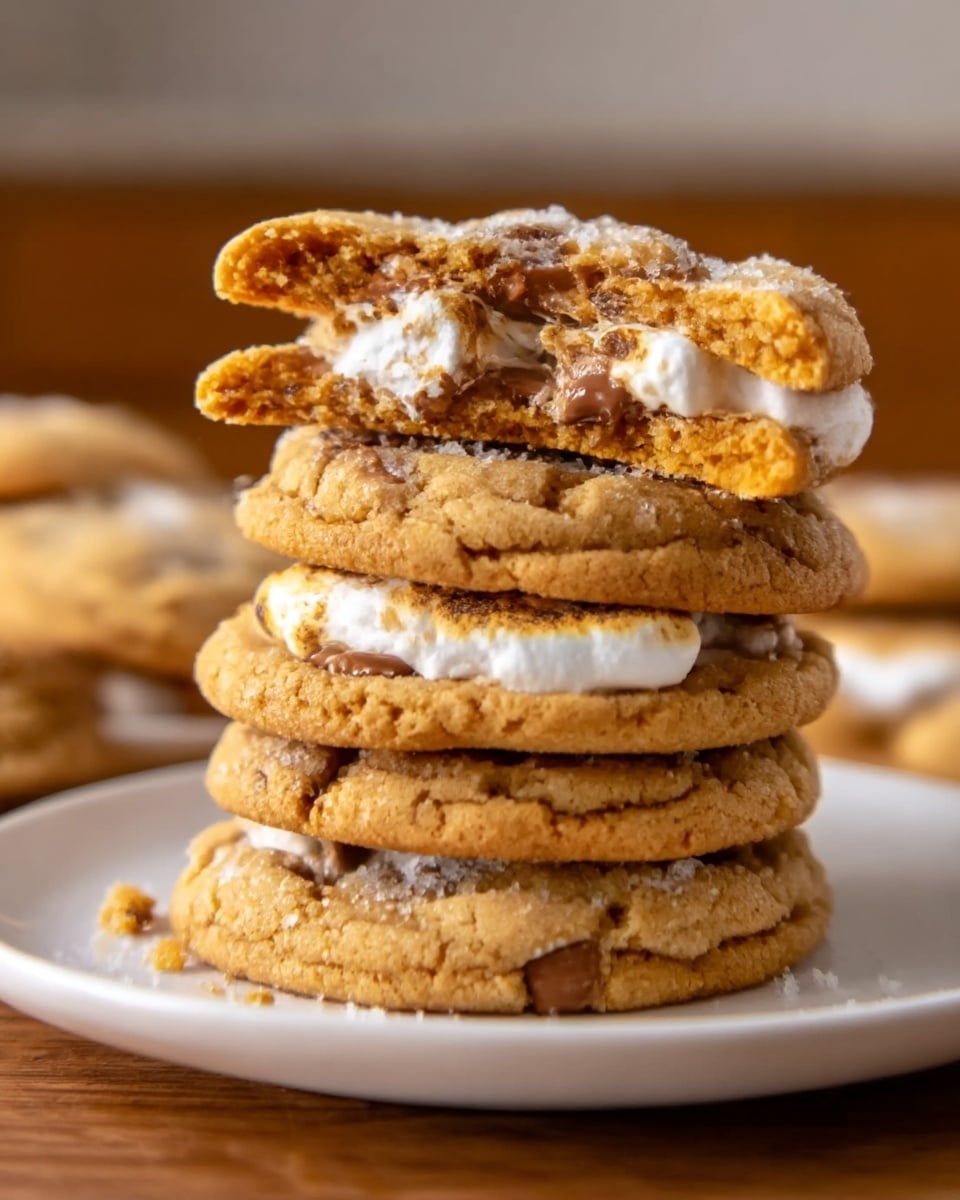 A stack of six soft cookies sits on a white plate, each cookie golden brown with slightly cracked tops showing a chewy texture inside. The middle cookie is broken in half and resting at the top of the stack, revealing a gooey marshmallow center and melted chocolate pieces inside. The cookies have a light sprinkling of coarse white sugar on top, adding a slight sparkle. The background features a warm, blurry kitchen setting with a hint of wooden surface beneath the plate replaced by a white marbled texture. photo taken with an iphone --ar 4:5 --v 7
