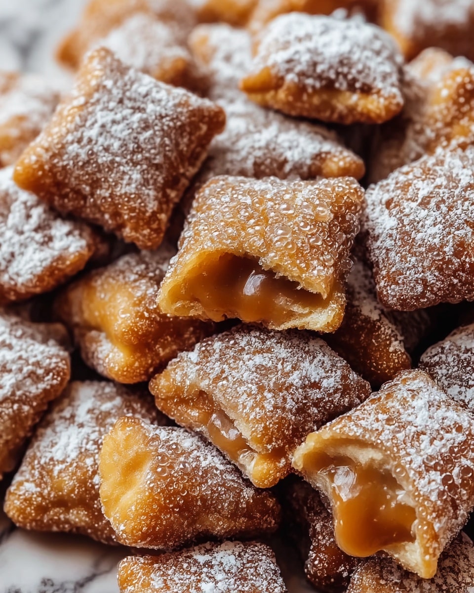 A close-up view of many small, square-shaped pastries with a golden-brown, crispy outer layer covered in a light dusting of white powdered sugar. Some of the pastries are slightly open or bitten, showing a gooey, caramel-colored filling inside. The texture of the outer layer looks crunchy with small bubbles and a rough surface. The pastries are piled together, filling the entire frame, set against a white marbled texture in the background. photo taken with an iphone --ar 4:5 --v 7