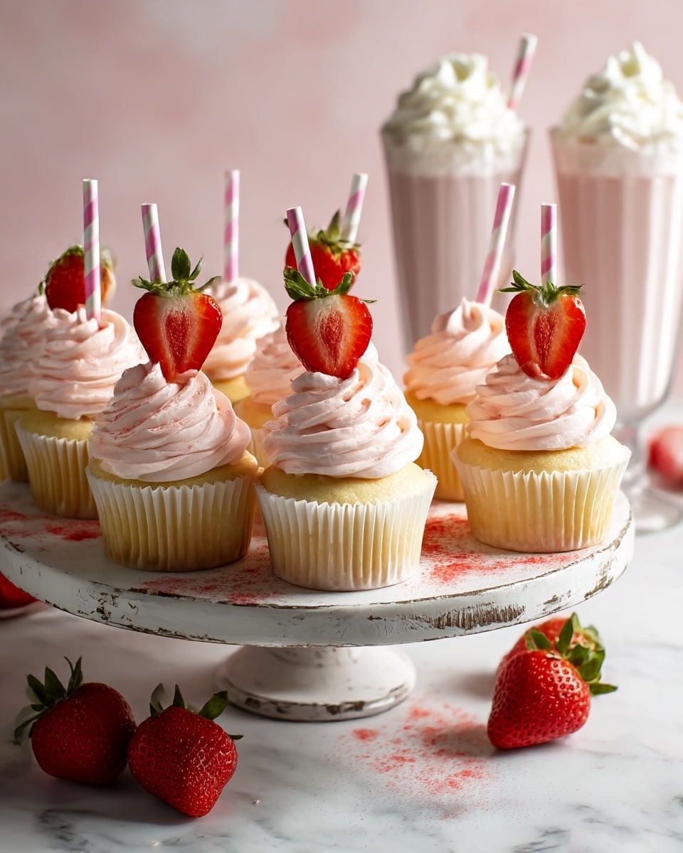 This image shows a white, rustic cake stand holding eight yellow cupcakes in white liners. Each cupcake has a swirl of light pink, creamy frosting on top, with a halved, red strawberry with green leaves placed vertically into the frosting. A pink and white striped paper straw is inserted next to the strawberry on each cupcake. The cake stand has some scattered red powder dust around the cupcakes. In the background, there are three tall clear glasses filled with a light pink milkshake topped with white whipped cream. Two whole strawberries rest on a white marbled surface below the cake stand, completing the scene. photo taken with an iphone --ar 4:5 --v 7