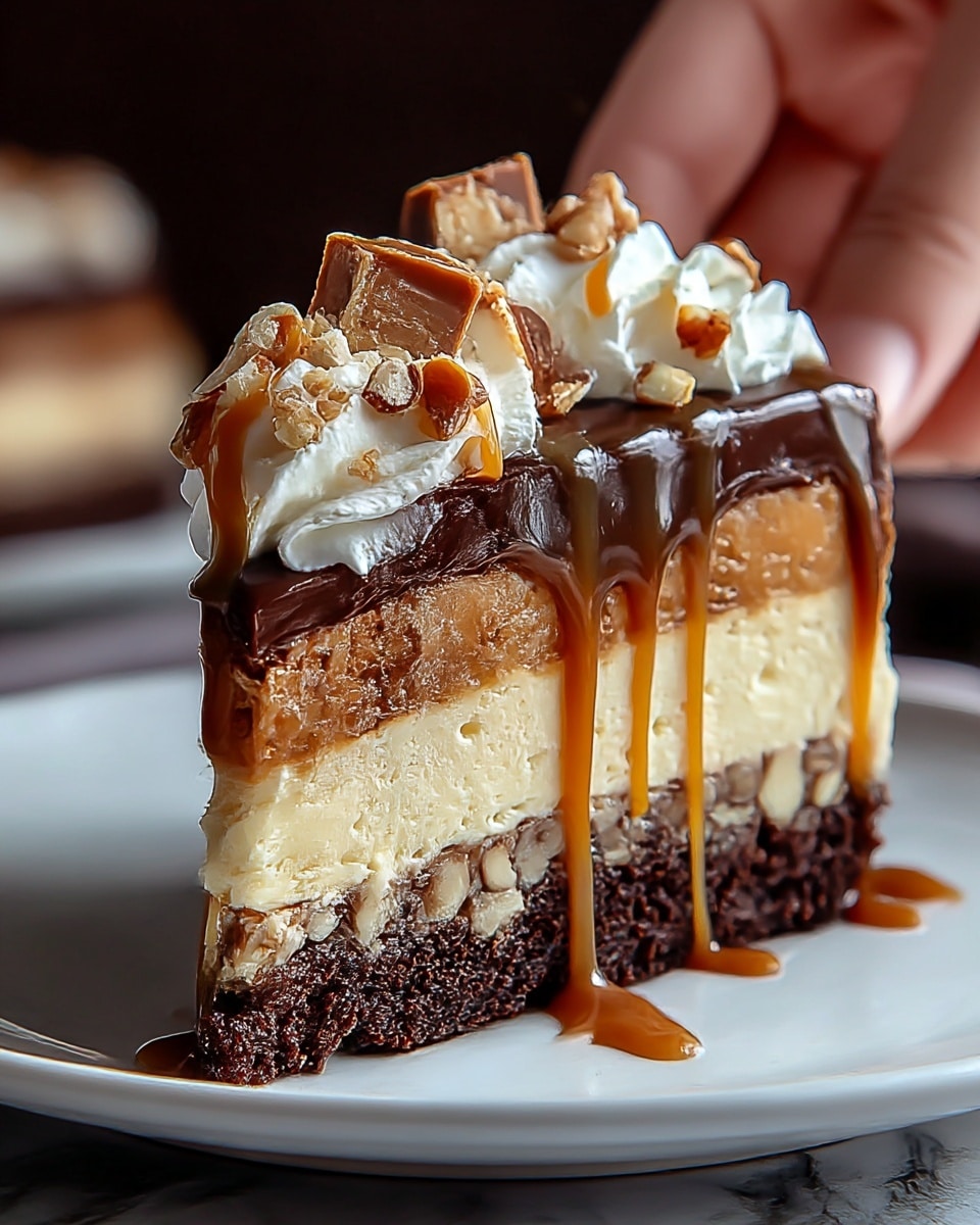 A slice of layered cake sits on a white plate with a rich dark chocolate base layer that looks moist and dense. Above this is a creamy light beige layer that appears smooth and soft. The next layer is a caramel-colored nutty section with a crunchy texture. On top, there is a shiny, glossy chocolate layer covered with dripping caramel sauce. The cake is decorated with a dollop of white whipped cream, sprinkled with small chunks of caramel candy, and additional caramel drizzle flows over the edges. The background is softly blurred with a dark tone, and a woman's hand can be seen gently holding the cake slice. The surface beneath the plate is a white marbled texture photo taken with an iphone --ar 4:5 --v 7
