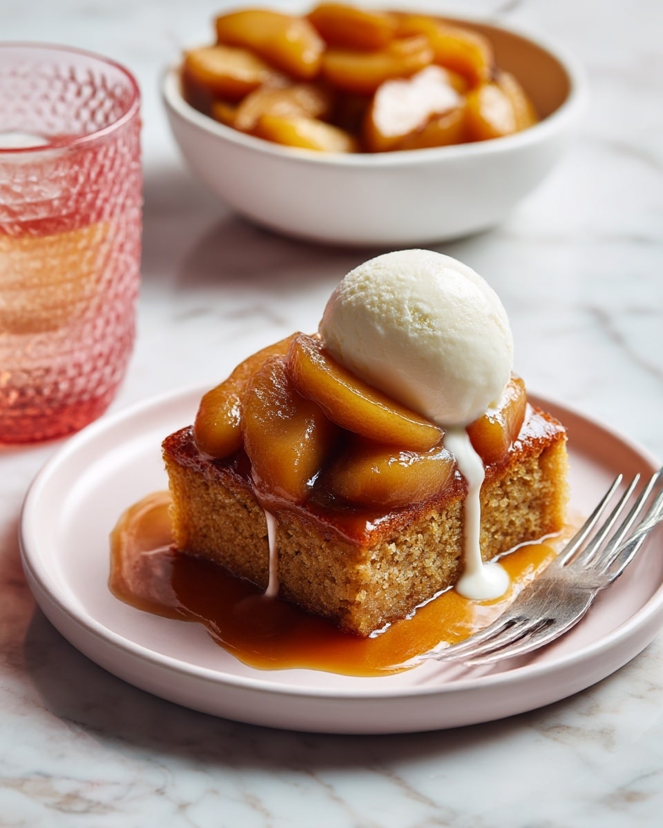 A square piece of golden brown cake with a coarse texture sits at the bottom layer on a white plate with a slight pink hue. Over the cake are several slices of soft, glistening caramelized apples covered in warm, rich brown sauce that drips down the sides. On top of the apples, a smooth, round scoop of creamy white ice cream is melting slowly, creating a small white stream down the cake. The setting includes a silver fork tucked into the lower right corner and a pink textured glass filled with a drink to the left, all placed on a white marbled surface. In the background, a white bowl holds more caramelized apples. photo taken with an iphone --ar 4:5 --v 7