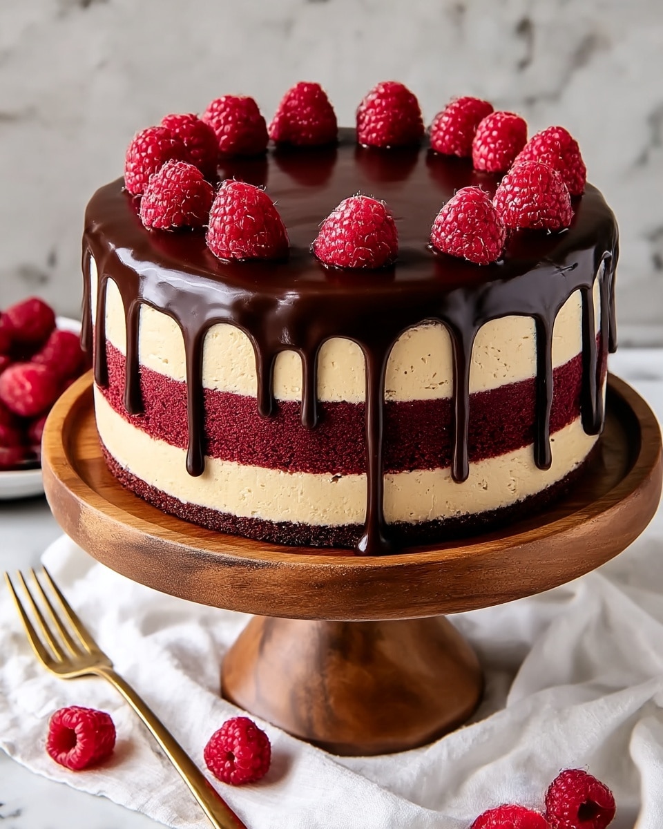 A round cake sits on a wooden stand, showing four clear layers: at the bottom a deep red cake layer, above it a light beige cream layer, then another red cake layer, followed by a final beige cream layer. The top is covered with thick, dark chocolate ganache that drips down the sides unevenly. Fresh, bright red raspberries are scattered evenly on top, some sitting on dollops of the same dark chocolate ganache. A few loose raspberries and a gold fork lie on a white cloth around the base, all set on a white marbled surface. photo taken with an iphone --ar 4:5 --v 7