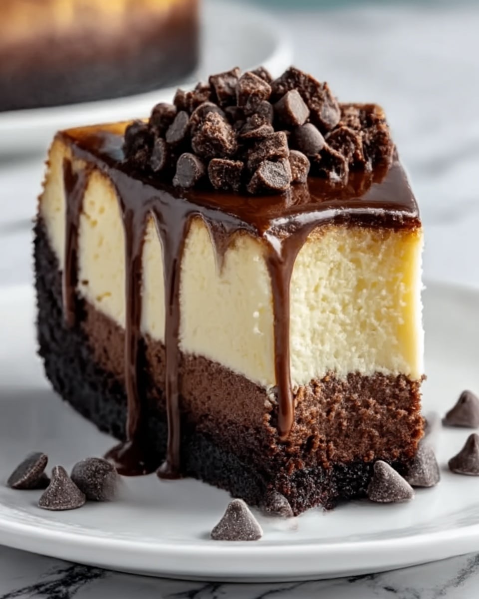 A slice of cheesecake is shown on a white plate with a white marbled surface background. The cheesecake has three visible layers: a dark brown, crumbly chocolate base layer at the bottom; a thick, smooth, creamy off-white middle layer of cheesecake; and a topping of glossy dark chocolate sauce that drips down the sides. On top of the chocolate sauce, there is a layer of small chocolate chips or chunks. Scattered chocolate chips are also placed around the plate. Photo taken with an iphone --ar 4:5 --v 7