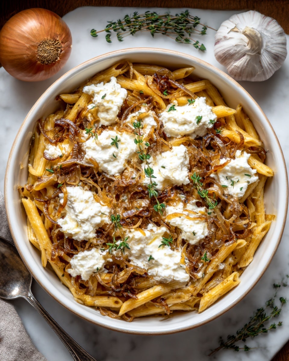 A white round bowl filled with cooked pasta topped with browned caramelized onions and dollops of soft white cheese spread evenly over the pasta. Some green herb sprigs are placed on top for garnish. The bowl is placed on a white marbled surface with a whole garlic bulb and small herb bunches nearby. A silver spoon rests beside the bowl. photo taken with an iphone --ar 4:5 --v 7