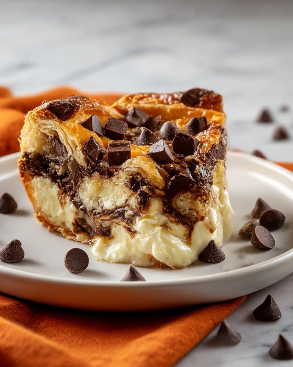 A close-up of a slice of pastry with three visible layers: the top and middle layers are golden brown and flaky with dark chocolate chunks scattered on them, the middle layer showing dark melted chocolate swirls, and the bottom layer is thick, creamy, and off-white melted cheese oozing out, with some chocolate chips resting on the white plate around the slice. The plate sits on a white marbled surface with an orange cloth partially underneath it. photo taken with an iphone --ar 4:5 --v 7