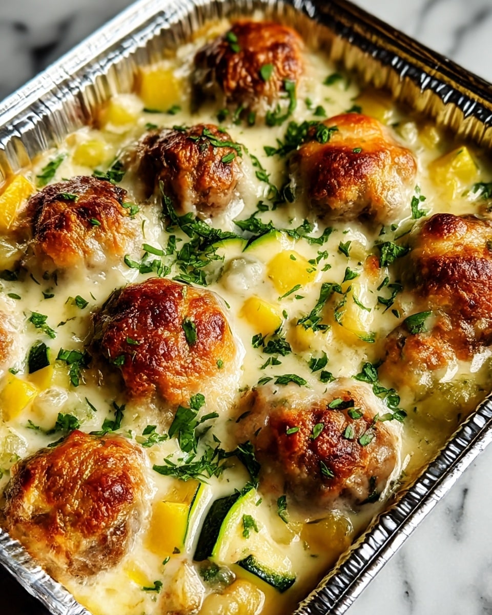 A takeout aluminum tray holds eight browned meatballs topped with melted golden cheese that is bubbly and slightly crispy at the edges. The meatballs sit in a creamy white sauce mixed with small chunks of yellow bell pepper and green zucchini, adding color and texture. Chopped fresh green herbs are sprinkled over the top, giving a fresh look against the sauce and cheese. The dish is photographed close up on a white marbled surface. photo taken with an iphone --ar 4:5 --v 7