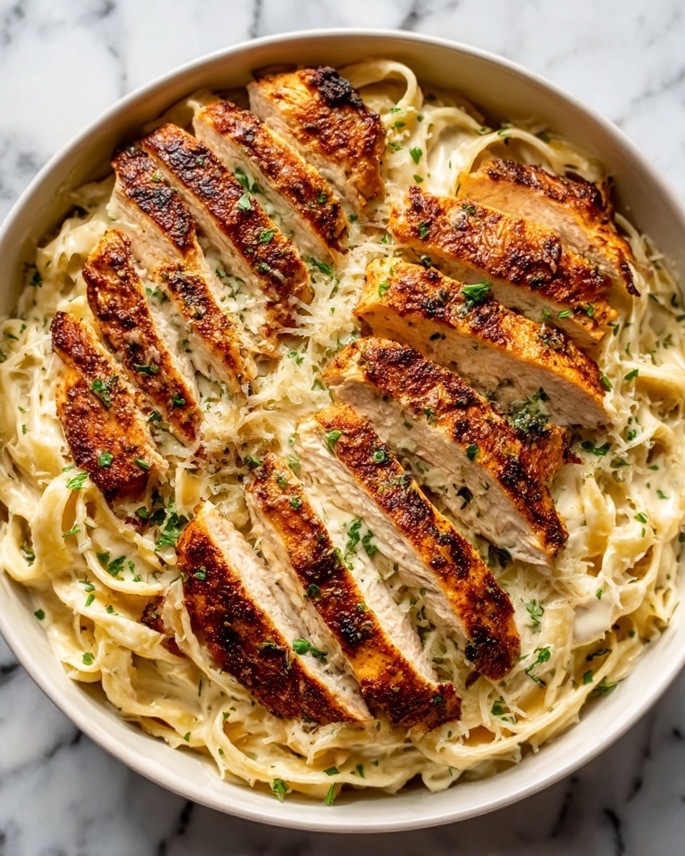 The image shows a white plate filled with creamy fettuccine pasta as the bottom layer, its smooth, light yellow sauce coating the noodles evenly. On top, there are five pieces of grilled chicken breast with a golden-brown crust and visible spices, cut into thick slices and arranged in a scattered, overlapping pattern. Small bits of green parsley are sprinkled over the chicken and pasta, adding a fresh green touch. The surface beneath the plate has a white marbled texture. Photo taken with an iphone --ar 4:5 --v 7