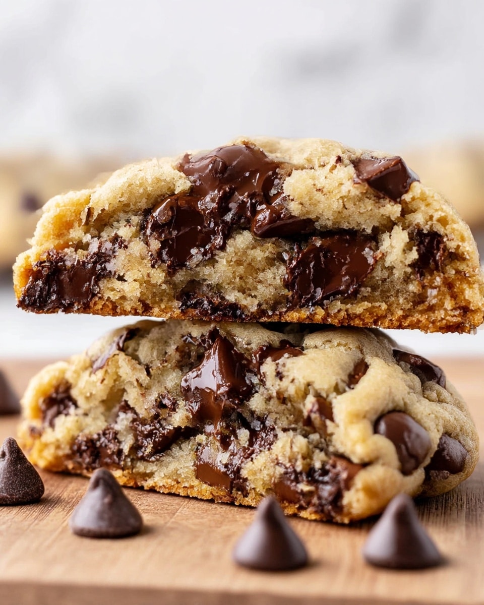 A close-up of two thick chocolate chip cookie halves stacked on top of each other on a wooden board with a few loose chocolate chips scattered around. The cookies have a light golden brown dough filled generously with large, melted dark chocolate chunks. The top cookie half shows a crumbly, soft texture with uneven chocolate pieces, while the bottom cookie looks dense and moist with rich, dark chocolate patches throughout. The background is a clean white marbled texture. photo taken with an iphone --ar 4:5 --v 7