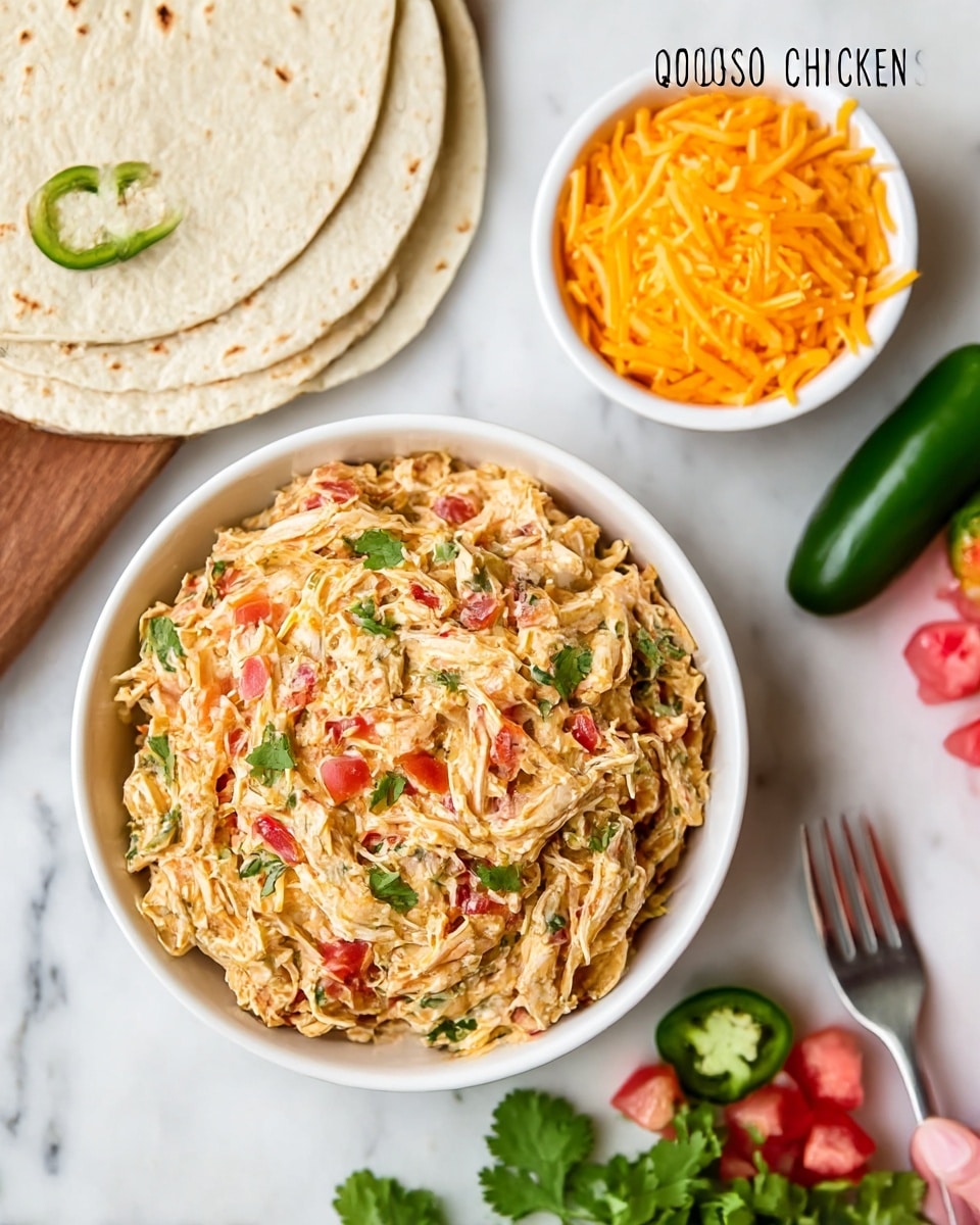 The image shows a close-up of a white bowl filled with shredded chicken mixed with a creamy orange cheese sauce, bits of tomato, and some green cilantro leaves on top, placed on a white marbled surface. To the top left of the bowl, there are three stacked white tortillas, soft and slightly browned. Behind the tortillas, there is a small white bowl filled with shredded cheddar cheese. To the right of the chicken bowl, there are sliced green jalapeños, whole jalapeños, and small diced pink pieces possibly ham or bacon, all on the white marbled surface. Fresh cilantro leaves are scattered on the left side near the tortillas, and a silver fork lies on the bottom right near the jalapeños. The photo taken with an iphone --ar 4:5 --v 7