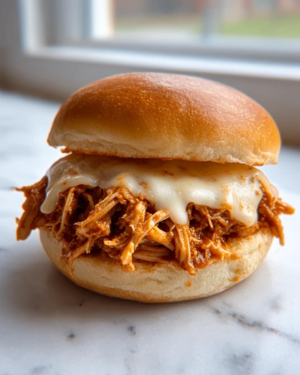 A close-up of a pulled chicken sandwich on a soft, lightly toasted bun. The sandwich has two main layers: the bottom layer is filled with juicy, shredded chicken mixed with a reddish-brown sauce, and the top layer is melted white cheese that slightly covers the chicken. The smooth, golden-brown bun sits on top, slightly puffed and warm-looking. The sandwich is placed on a white marbled surface next to a window with natural light coming in, and a woman's hand is partly holding the sandwich from the left side. Photo taken with an iphone --ar 4:5 --v 7