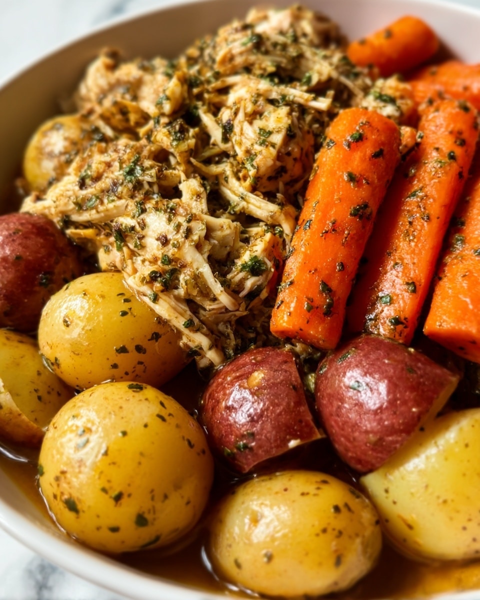 The image shows a close-up of a cooked dish in a white bowl with shredded chicken on top as the main layer, featuring a mix of light and golden brown colors with visible herbs. Underneath and around the chicken, there are whole baby potatoes in yellow and red shades, and thick carrot pieces, all cooked and slightly shiny, giving a soft texture. The dish is sprinkled with green herbs and black pepper flakes, adding specks of color and texture. The background is a white marbled surface. Photo taken with an iphone --ar 4:5 --v 7