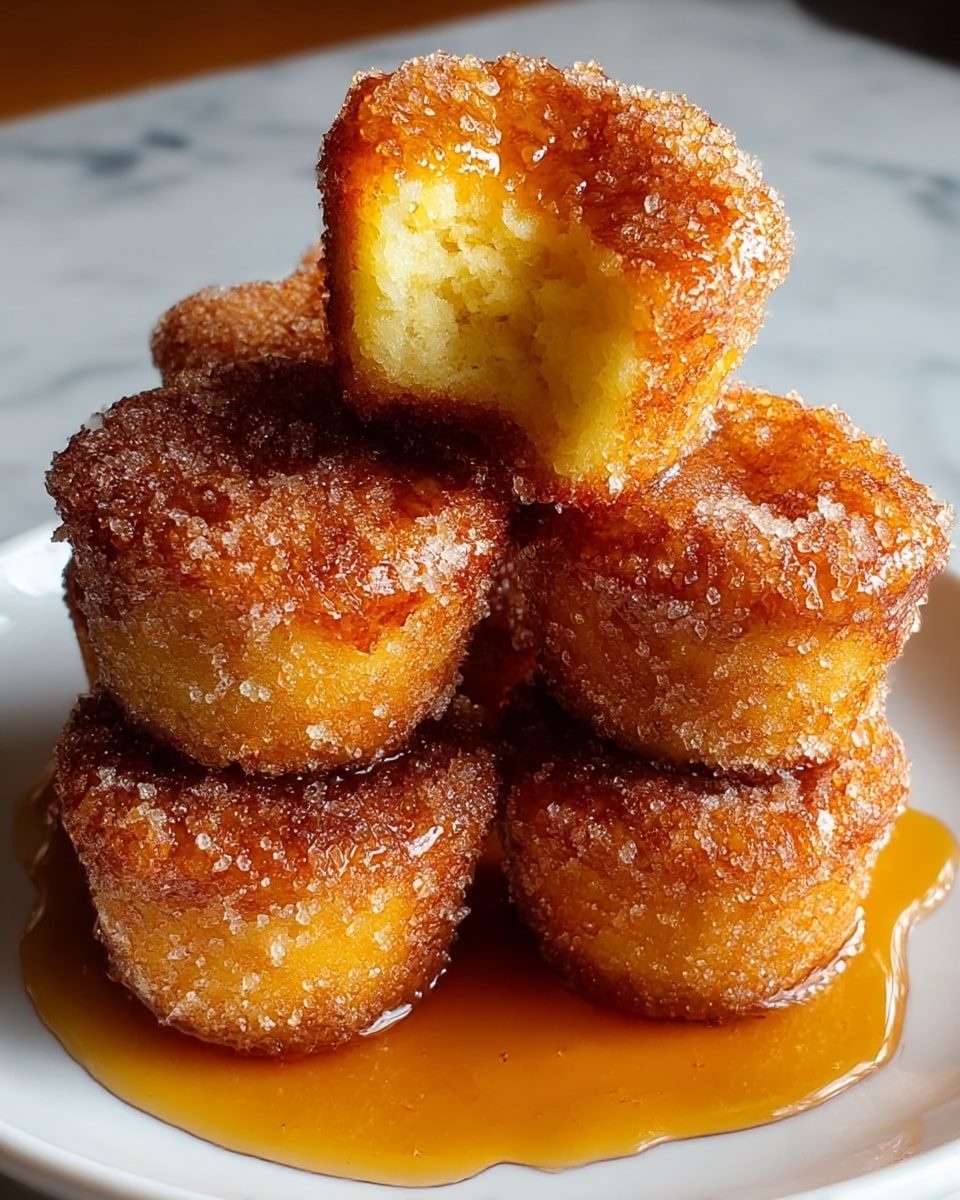 A close-up of five small, round, golden brown muffins stacked in a pyramid shape on a white plate. Each muffin is coated with a layer of coarse sugar crystals that give a sparkling texture, and they are covered in a shiny, sticky layer of amber syrup that pools around the base on the plate. The top muffin has a small bite taken out of it, showing a soft, moist yellow interior. The plate sits on a white marbled surface. photo taken with an iphone --ar 4:5 --v 7