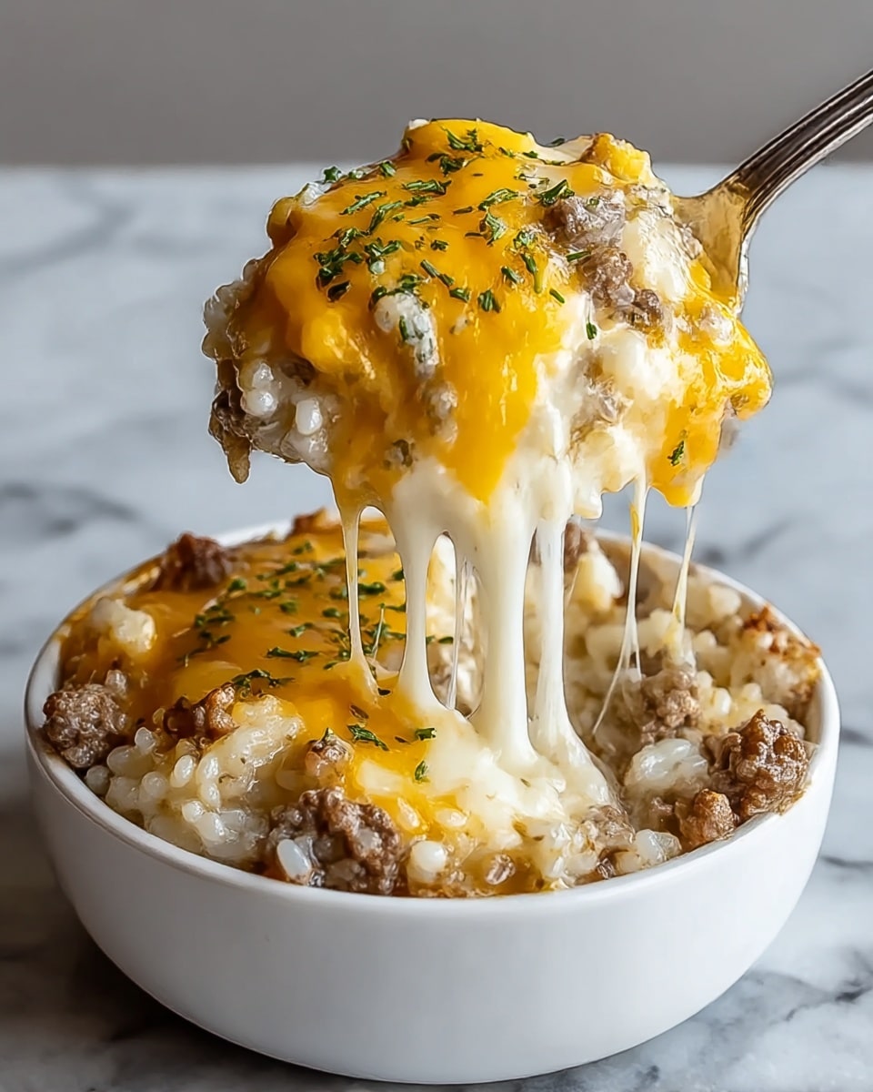 A white bowl filled with a three-layered cheesy dish is shown. The bottom layer holds soft, white creamy rice mixed with small pieces of cooked brown ground beef. Above it, a thick layer of melted yellow and white cheese stretches as a spoon lifts a portion, showing the gooey texture. Small green bits of herbs are sprinkled on top, adding color contrast. The bowl sits on a white marbled surface. photo taken with an iphone --ar 4:5 --v 7