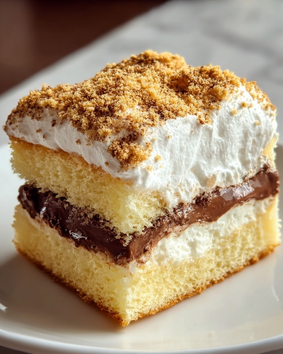 A close-up of a dessert piece showing three main layers: at the bottom is a light golden sponge cake with a soft texture, in the middle a thick, creamy layer of chocolate filling with a smooth, shiny surface, and on top a thick, fluffy white cream layer sprinkled generously with fine golden brown crumbs, giving a slightly rough texture. The dessert sits on a white plate with a white marbled surface in the background. photo taken with an iphone --ar 4:5 --v 7