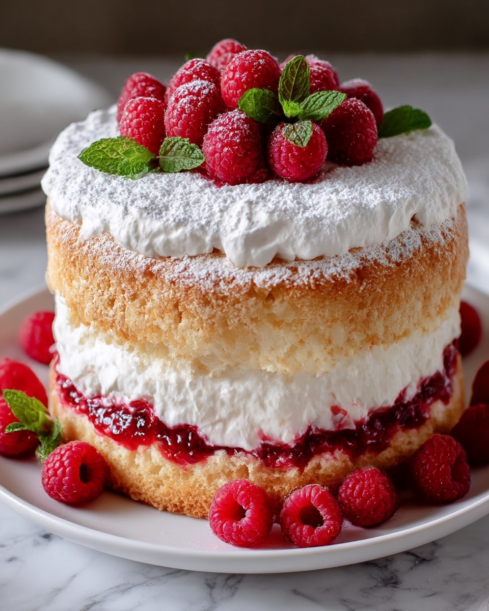 A round cake with three visible layers stands on a white plate. The bottom and top layers are light golden sponge cake, soft and airy in texture. Between them is a thick middle layer of white cream that looks fluffy and smooth, mixed with a bright red raspberry filling in the center. The top of the cake is covered with more white cream, slightly swirled, and dusted with powdered sugar. Fresh red raspberries piled on top are decorated with a small green mint leaf. Some raspberries rest on the plate around the cake, and the background shows a soft white marbled texture. photo taken with an iphone --ar 4:5 --v 7