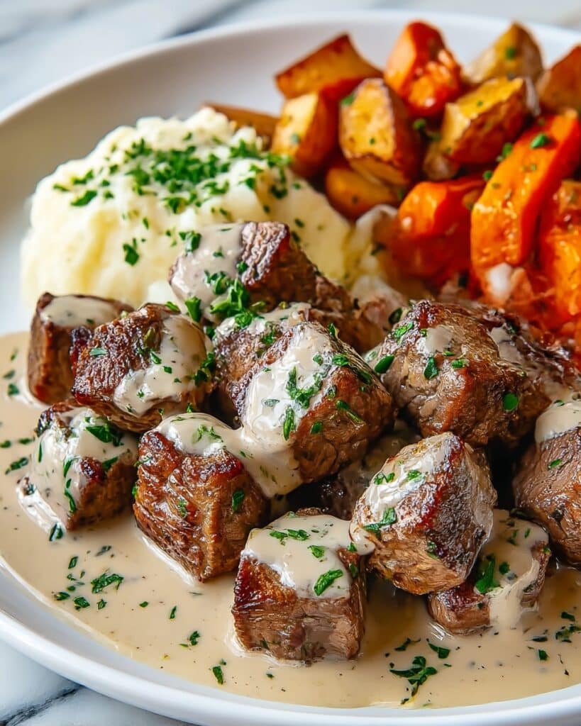 Easy Garlic Butter Steak Bites with Parmesan Cream Sauce Recipe