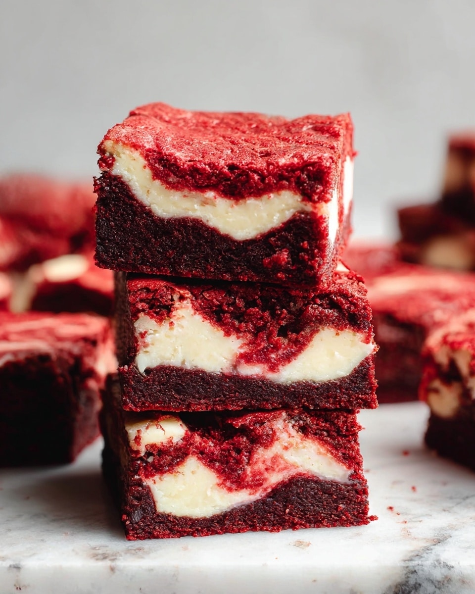 Three square pieces of red velvet cheesecake brownies are stacked on a white marbled board. Each brownie has two main layers: a deep red, soft and moist cake layer on the top and bottom, with a creamy white cheesecake layer swirling through the middle. The top surface of the brownies is slightly cracked with a rich red color showing textured swirls of cheesecake. Additional pieces of the same brownies are scattered around on the white marbled surface in the background, adding depth to the arrangement. photo taken with an iphone --ar 4:5 --v 7