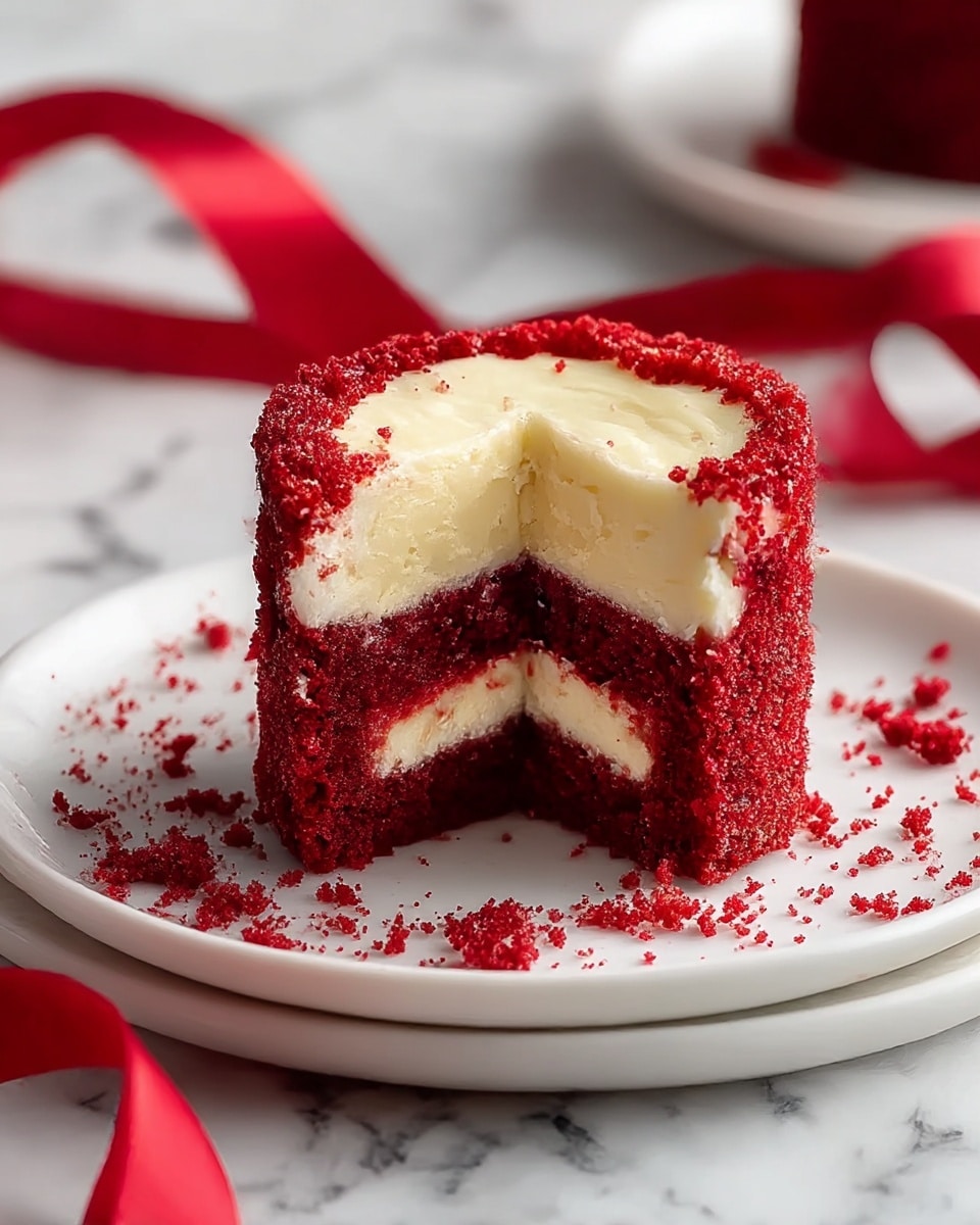 A small red velvet cake with a crumbly texture and deep red color is cut open, showing two creamy white cheesecake layers inside, one in the middle and one on top. The red cake surrounds these creamy layers, and red crumbs are scattered around the cake on a white plate. The background shows a white marbled texture with a red ribbon nearby. The photo is taken with an iphone --ar 4:5 --v 7