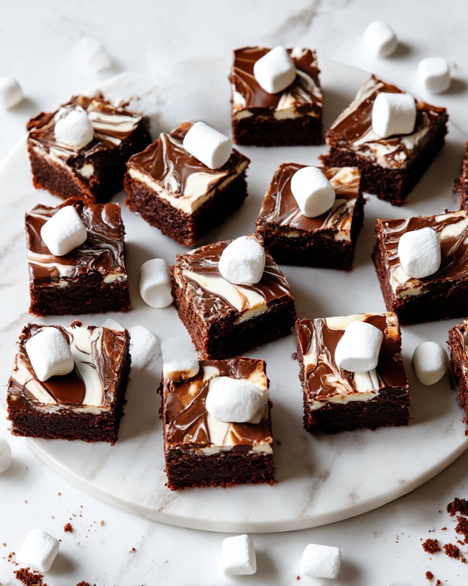 A round white plate holds eighteen square chocolate brownies arranged neatly in a circle. Each brownie has two visible layers: a thick, dark brown dense base and a glossy top layer swirled with white cream, creating a marble pattern of light and dark waves. Half of the brownies are topped with a single small, white marshmallow placed right in the center. The plate sits on a white marbled surface with scattered crumbs and a few other marshmallows around it, adding a casual, homemade feel to the presentation. photo taken with an iphone --ar 4:5 --v 7