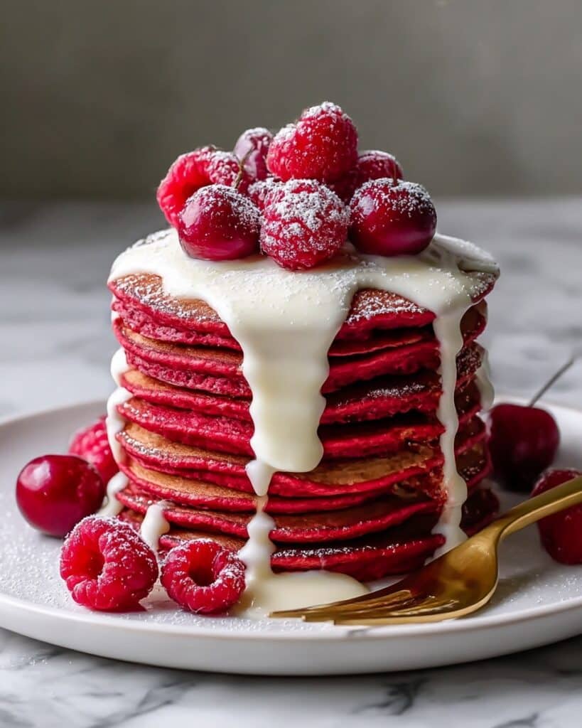 Fluffy Red Velvet Pancakes with Cream Cheese Glaze for a Romantic Valentine’s Brunch Recipe