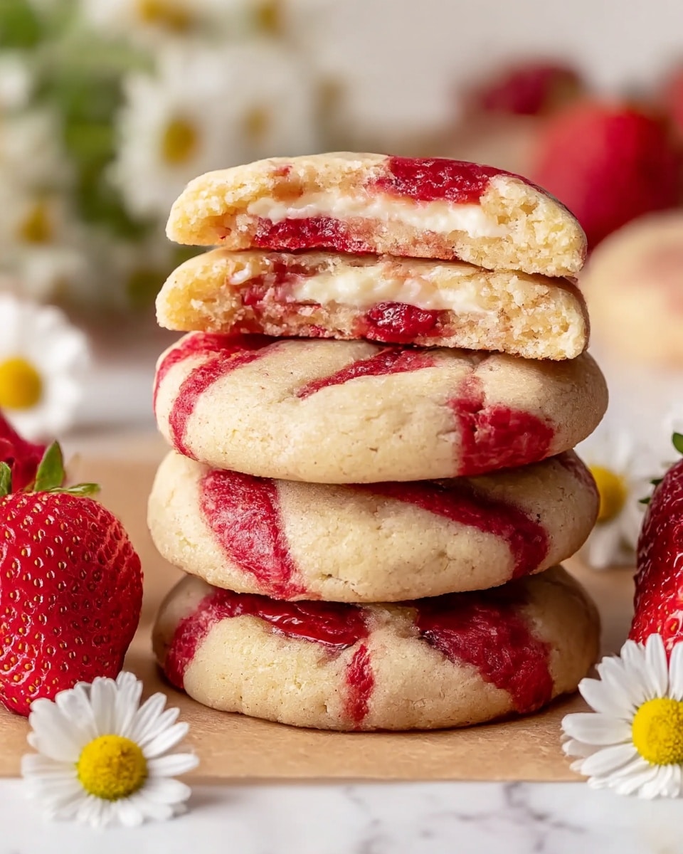 A stack of four soft cookies with a creamy white center visible in the top two broken cookies. The cookies have a light beige color mixed with red streaks and speckles, showing a marbled effect, likely from strawberries. The cookies rest on a light brown parchment paper surface with fresh red strawberries and small white daisy-like flowers with yellow centers around them. The background is softly blurred, highlighting the cookie stack in the center. photo taken with an iphone --ar 4:5 --v 7
