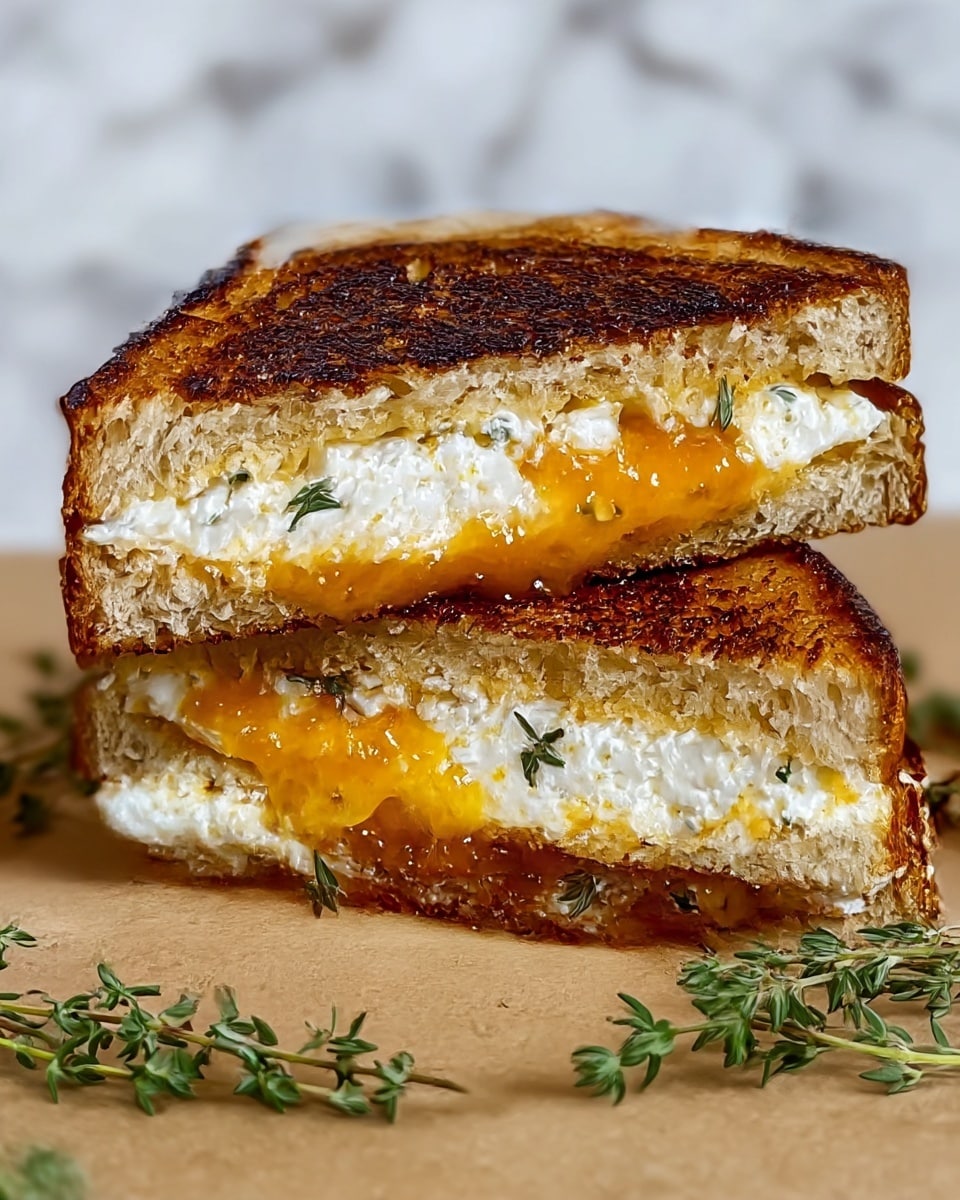 The image shows a close-up of a grilled cheese sandwich cut in half and stacked. The sandwich has two slices of bread with a golden-brown, crispy toasted crust on the outside. Inside, there are two main layers: a thick layer of white, soft, crumbly cheese and a spreading of bright orange jam or marmalade mixed with small green herb leaves. The jam looks glossy and slightly dripping from the edges, giving a sticky texture. On the bottom right corner, sprigs of fresh green herbs lay on a white marbled surface. photo taken with an iphone --ar 4:5 --v 7
