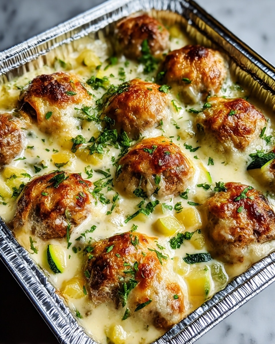 A silver foil tray holds eight large browned meatballs arranged in two rows. Each meatball is covered with a thick layer of melted golden cheese that has browned slightly on top, creating a bubbly textured crust. The meatballs rest on a creamy white sauce mixed with chunks of green and yellow vegetables that look soft and cooked. Small pieces of fresh green herbs are sprinkled over the dish, adding a touch of color and freshness. The edges of the foil tray show some browned cheese and sauce slightly bubbling over. photo taken with an iphone --ar 4:5 --v 7