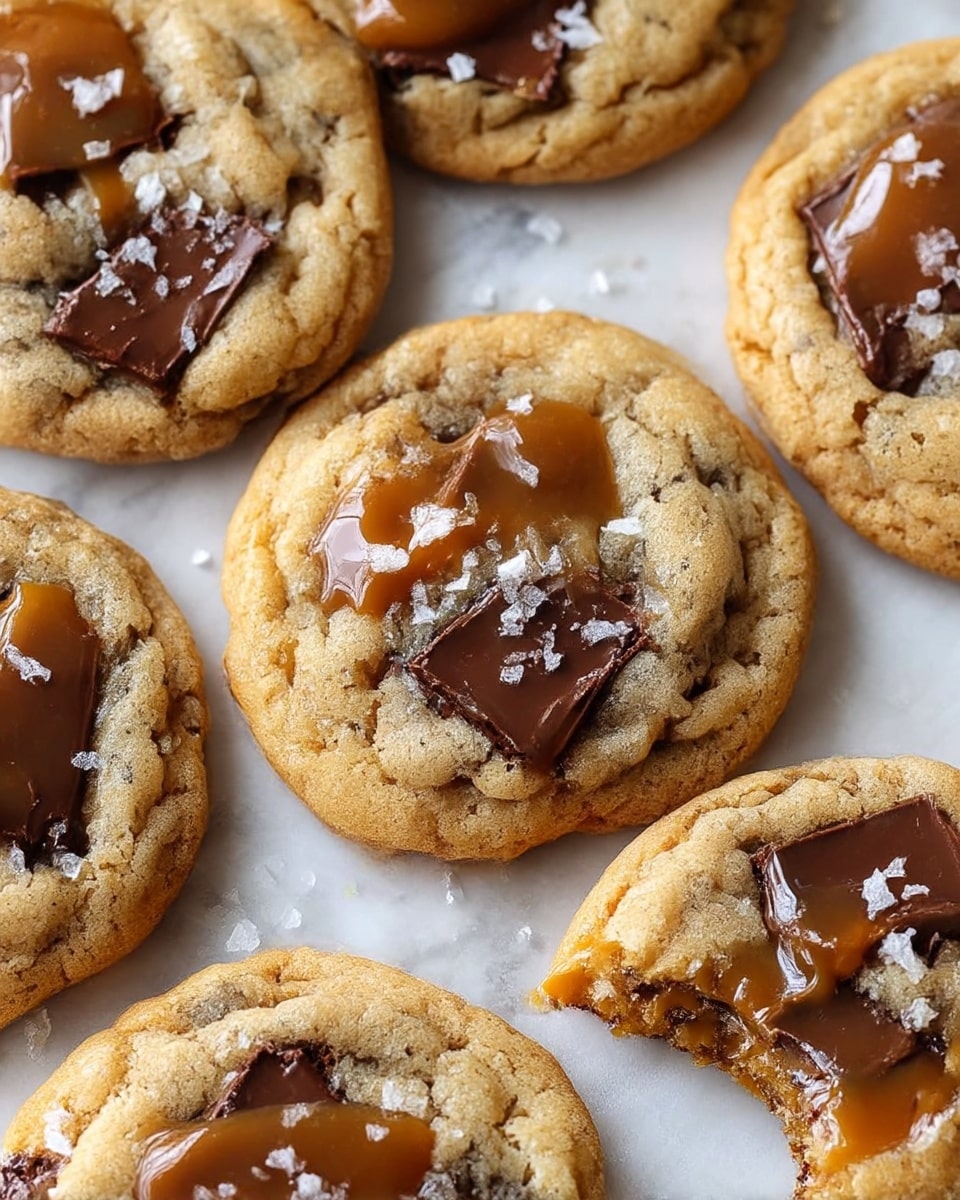 The image shows a group of round cookies on a white marbled surface, each with a golden-brown baked dough base that has a slightly cracked texture. On top, there are several smooth, dark brown melted chocolate chunks embedded in the dough. Patches of glossy caramel with a light brown color sit drizzled over the melted chocolate, creating a rich contrast. A few white flakes of sea salt scatter across the cookies, adding a bit of sparkle. One cookie is broken, showing a soft and chewy inside with gooey caramel and melted chocolate pieces. photo taken with an iphone --ar 4:5 --v 7