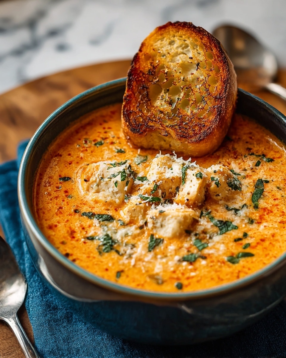 A bowl of creamy orange soup with visible chunks of white chicken pieces floating near the center, topped with finely chopped green herbs and a sprinkle of grated white cheese. On the side of the bowl, a piece of crispy toasted bread with a golden-brown crust and black pepper specks is partially dipped into the soup. The bowl sits on a white marbled surface with a silver spoon and a dark blue cloth nearby. The bowl itself has a rustic look with blue and beige tones on its exterior. photo taken with an iphone --ar 4:5 --v 7
