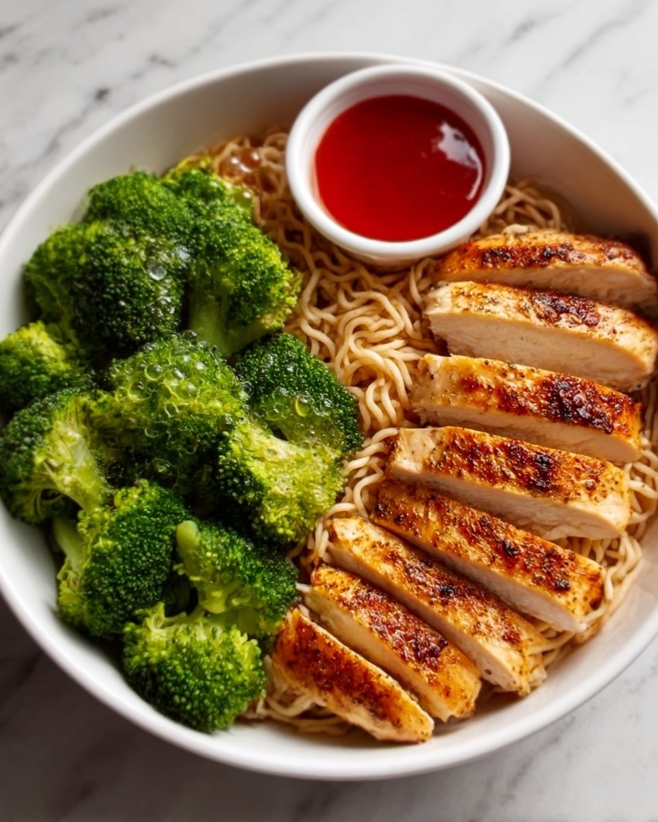 A white bowl filled with three main layers: on the left side, a heap of green steamed broccoli florets; below the broccoli, a generous portion of light brown cooked noodles with a soft texture; on the right side, several slices of grilled chicken breast with a dark golden-brown crust and visible grill marks, arranged in a row. At the top of the bowl, a small white cup of red dipping sauce is placed, partially surrounded by the broccoli and chicken. The bowl sits on a white marbled surface. Photo taken with an iphone --ar 4:5 --v 7