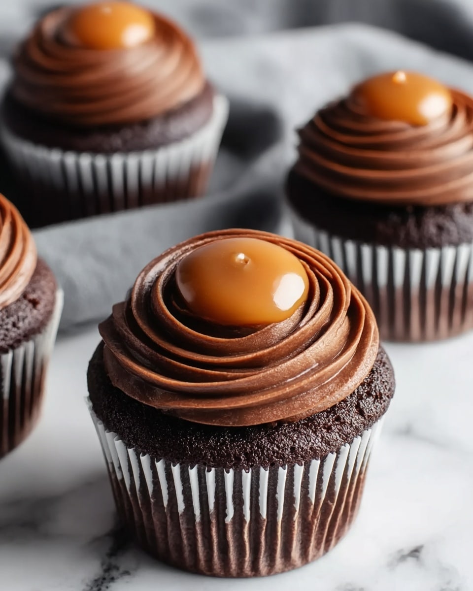 The image shows three chocolate cupcakes placed on a white marbled surface with a soft gray cloth in the background. Each cupcake has three visible layers: the bottom is a dark brown chocolate cake, the middle is a thick swirl of smooth, rich chocolate frosting in a spiral pattern, and the top centerpiece is a glossy caramel-colored dollop with a small raised dot in the middle. The cupcakes are lined with white paper wrappers with deep ridges. Photo taken with an iphone --ar 4:5 --v 7