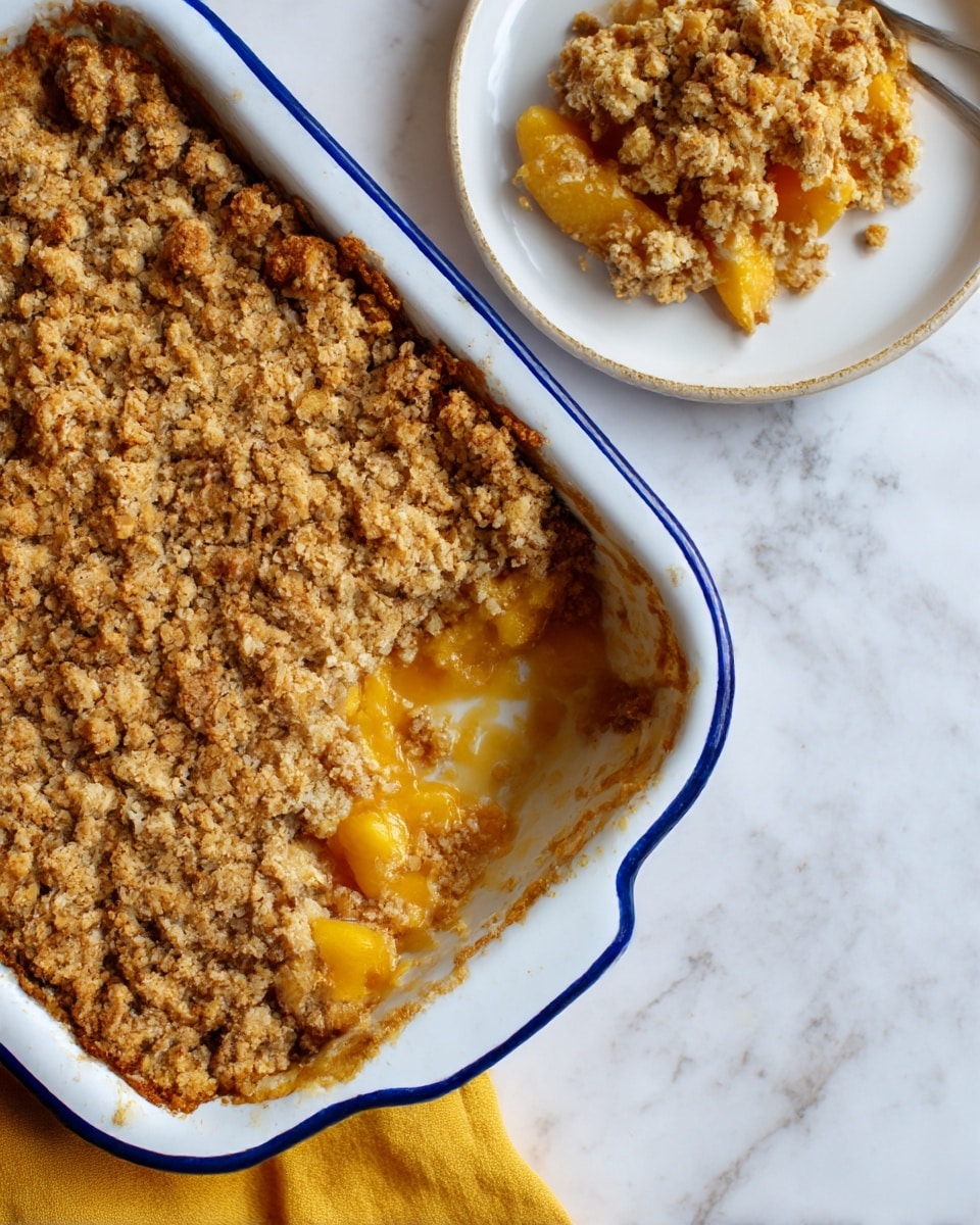 The image shows a close-up of a baked peach cobbler in a rectangular white baking dish with blue handles. The cobbler has one main layer of soft, juicy peach filling at the bottom, visible through a gap where a scoop has been taken out. On top, there is a thick, golden-brown crumbly crust with a rough, textured surface and uneven edges slightly spilling over the side. The dish sits on a white marbled surface next to a white plate with a small piece of cobbler and a yellow cloth nearby. Photo taken with an iphone --ar 4:5 --v 7