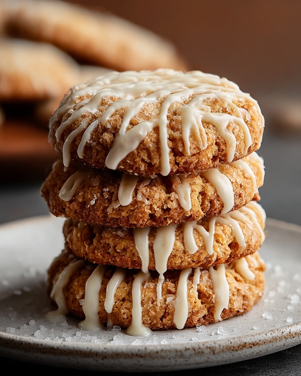 A close-up image of a stack of four round cookies placed on a white plate with a rough texture. Each cookie has a crispy, golden-brown edge with a crumbly texture and a light beige center. Drizzled thick white icing crosses over the top of each cookie, adding a soft contrast to the rough surface. The background shows blurred shapes of more cookies and cups in a warm, dark setting. The plate rests on a white marbled surface. photo taken with an iphone --ar 4:5 --v 7