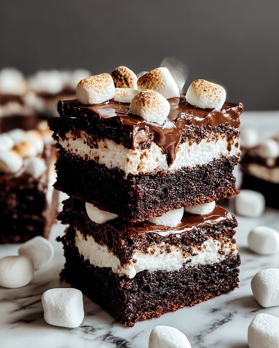 A close-up of a three-layered dessert stack on a white marbled surface, with the bottom and middle layers consisting of dark, moist chocolate brownie that appears crumbly and rich. Between the bottom and middle brownie is a thin layer of melted chocolate, while on top of the middle brownie is a thick, smooth white marshmallow layer. Another thin layer of glossy chocolate covers the marshmallow, topped with several small toasted marshmallows that are slightly browned on one side. More small white marshmallows are scattered around the base of the stack, with blurred similar desserts in the background. photo taken with an iphone --ar 4:5 --v 7