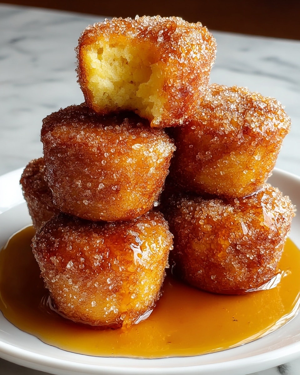 A white plate holds five small round cakes stacked in a pyramid shape on a white marbled surface. Each cake is coated with a shiny brown caramelized sugar crust mixed with granulated sugar, giving a rough texture. The top cake is split slightly, showing a soft yellow inside. The cakes sit in a pool of golden syrup that glistens under natural light, making the caramel coating vibrant and sticky. photo taken with an iphone --ar 4:5 --v 7