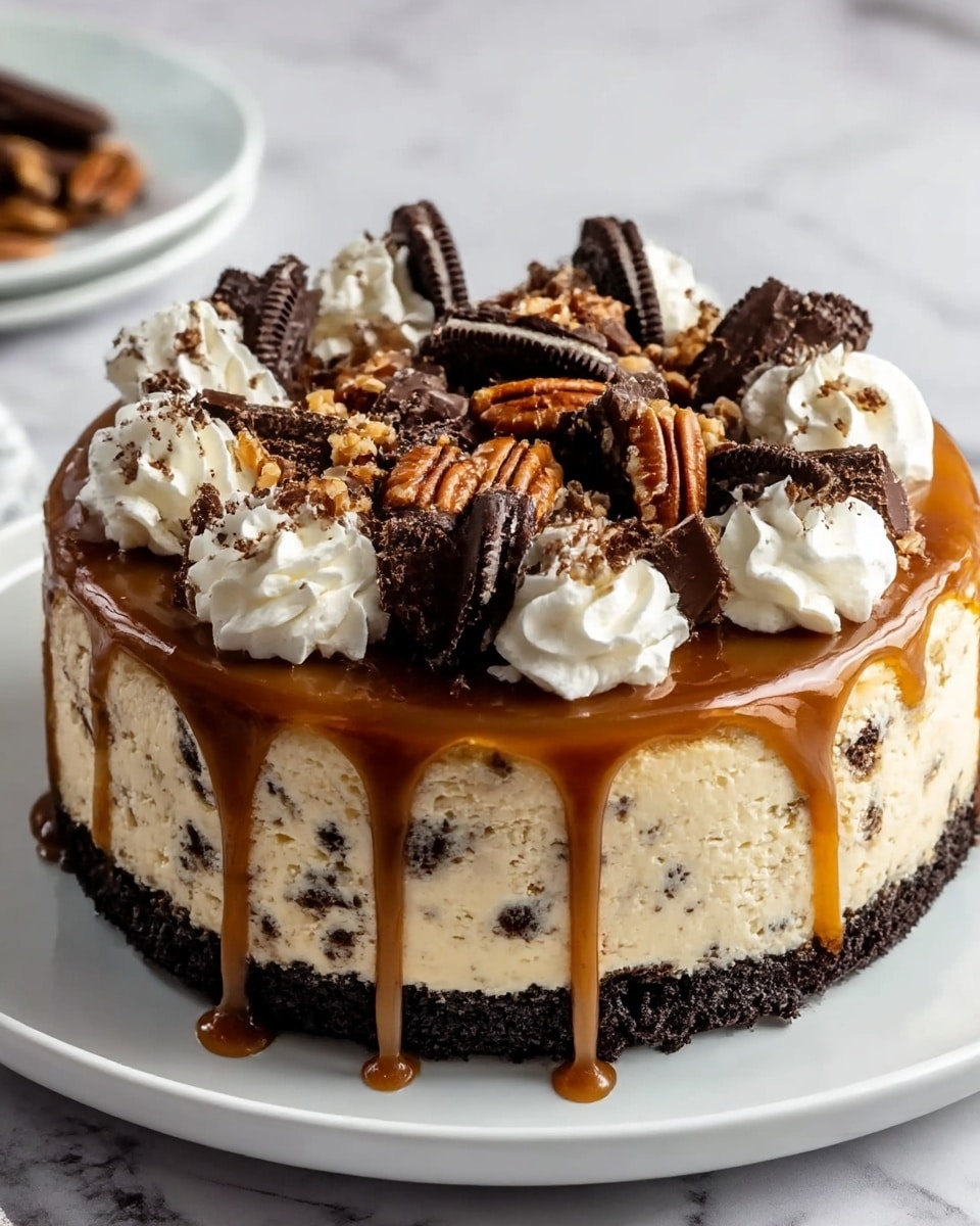 A rich cheesecake with three visible layers sits on a white plate over a white marbled texture: the bottom layer is a dark chocolate crumb crust, the middle layer is a creamy vanilla cheesecake with small chocolate bits mixed in, and the top layer is a thick caramel sauce dripping down the sides. The top is decorated with a ring of white whipped cream swirls, each sprinkled with small chocolate shavings and nut pieces, with larger pieces of chocolate cookies and pecans in the very center. photo taken with an iphone --ar 4:5 --v 7