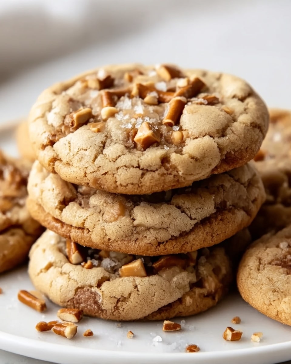 A close-up image shows four soft, chewy cookies stacked on a white plate on a white marbled surface. Each cookie has a golden-brown base with a slightly cracked top, showing a mix of smooth and rough textures. On the top layer, there are small chunks of pretzel embedded, adding a crunchy look with a mix of light brown and tan colors. Sprinkled over the top are coarse grains of salt that shine slightly, contrasting with the cookie's warm tones. The cookies look thick and soft, with an inviting homemade feel. Photo taken with an iphone --ar 4:5 --v 7