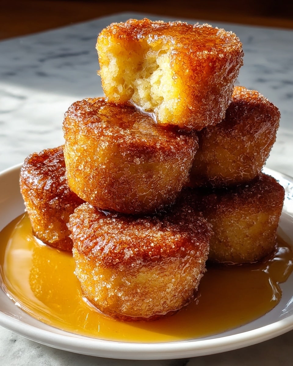 Five small golden brown muffins coated with a shiny sugar and cinnamon layer are stacked in a pyramid on a white plate. The muffins have a crispy, textured crust with a moist yellow inside visible on the top muffin. A thick amber syrup pools around the base, glistening under warm light. The scene is set against a soft, blurred background with a white marbled surface underneath. photo taken with an iphone --ar 4:5 --v 7