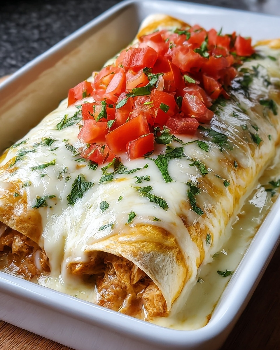 A large burrito with a light brown wrap sits in a white rectangular dish, covered with a thick layer of melted white cheese that drips slightly down the sides, revealing bits of chicken inside. On top of the cheese, a generous pile of diced red tomatoes mixed with small green cilantro pieces adds a fresh burst of color. More chopped cilantro is sprinkled evenly over the melted cheese around the tomatoes. The white marbled surface beneath gives the whole scene a clean, bright look. photo taken with an iphone --ar 4:5 --v 7