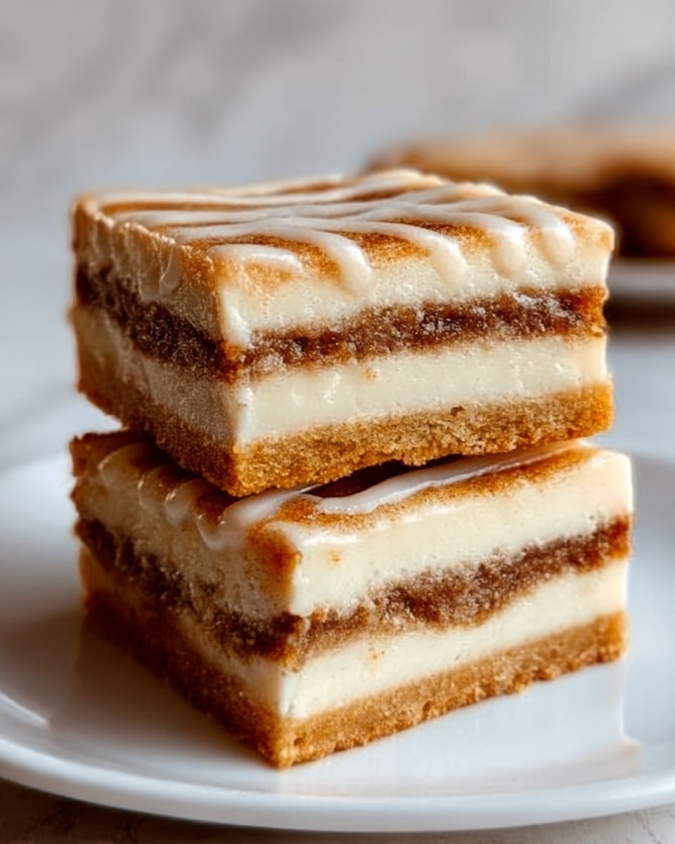The image shows two square pieces of a dessert stacked on top of each other on a white marbled surface. Each piece has three visible layers: a golden brown crust at the bottom and top, with a thick white creamy layer in the middle, and a swirled cinnamon brown filling mixed with the cream. The top crust has a slightly shiny, glazed look with soft, dollar bill-sized ripples of cream. The colors are soft with warm tan, creamy white, and light brown shades. The texture looks soft and moist with a little crumbly crust. Photo taken with an iphone --ar 4:5 --v 7