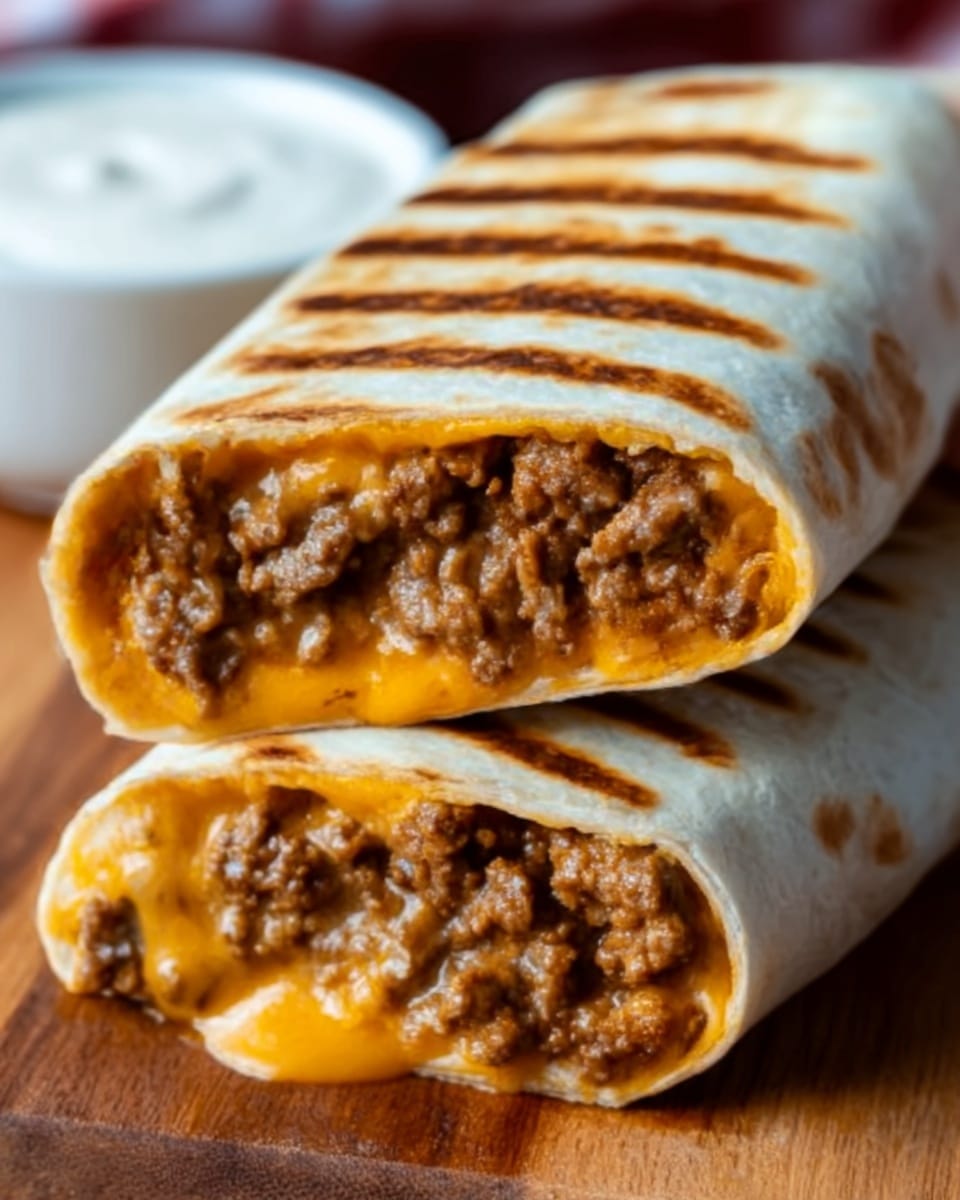 A close-up of a grilled burrito cut in half, stacked with one half on top of the other, showing layers of melted orange cheese and brown cooked ground beef inside a white soft tortilla wrap with grill marks on top. The burrito is placed on a wooden surface, with a blurred white bowl with sauce in the background, all on a white marbled texture. The image captures the warm, gooey texture of the cheese and the slightly crispy outside of the tortilla. photo taken with an iphone --ar 4:5 --v 7