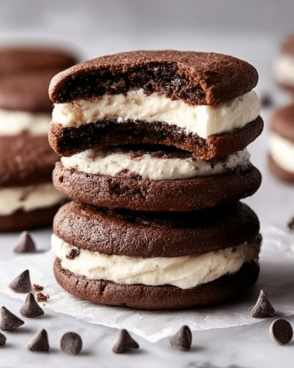 The image shows a stack of three chocolate cookies with a creamy white filling layer between each cookie. The cookies have a rough, slightly cracked texture with dark chocolate chips visible on top and around the edges. The creamy filling is smooth and thick, contrasting with the darker chocolate cookies. The middle cookie has a visible bite taken out of it, showing the soft, chewy inside. The cookies are placed on a crumpled piece of white parchment paper set on a white marbled surface. Photo taken with an iphone --ar 4:5 --v 7