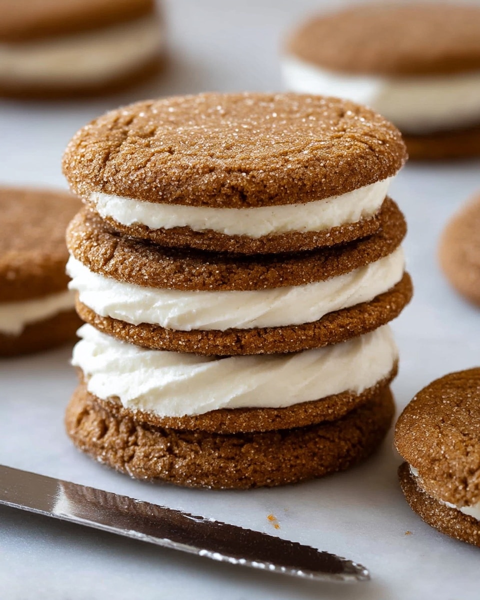 A close-up image of a stack of three sandwich cookies, each with two brown textured cookie layers that look slightly cracked and sugar-coated, holding a thick, smooth white cream filling layer in the middle. The cookies rest on a light brown surface with a blurred cookie visible in the background and foreground. A metal knife blade is partially visible at the bottom left. photo taken with an iphone --ar 4:5 --v 7