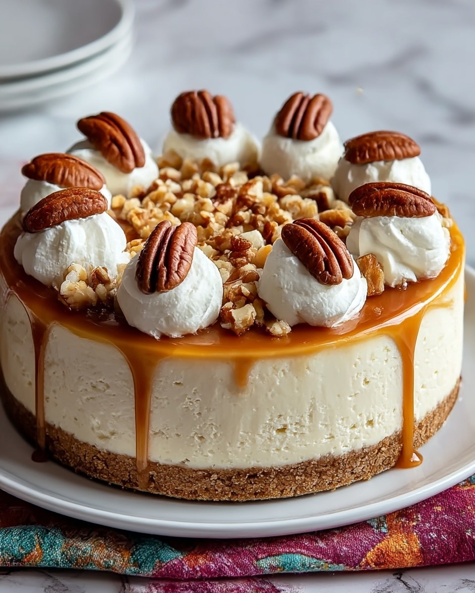 The image shows a round cheesecake with three visible layers: the bottom thick layer is a crumbly brown crust, the middle large layer is a smooth, creamy white cheesecake, and the top thin layer is a glossy caramel sauce dripping slightly down the sides. On top of the caramel are piped white cream dollops evenly spaced around the edge, each topped with a whole pecan. The center is sprinkled with finely chopped pecans. The cheesecake is placed on a white plate, set on a cloth with warm colors, with a white marbled surface in the background. Photo taken with an iphone --ar 4:5 --v 7
