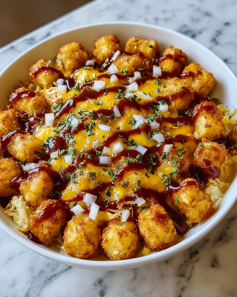The dish in a white bowl shows a layer of golden brown tater tots arranged closely together covering the entire surface. On top of the tater tots, there is melted cheese in shades of yellow and white, mixed with small bits of shredded chicken and finely chopped white onions scattered evenly. A dark brown barbecue sauce is drizzled in lines over everything, and small green herb pieces are sprinkled on top, adding a fresh contrast. The bowl rests on a white marbled surface. Photo taken with an iphone --ar 4:5 --v 7